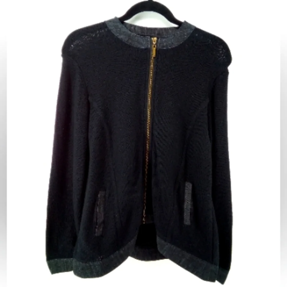 Allison Daley 100% Cotton Black Knit Denim Trim Full Zip Light Jacket L